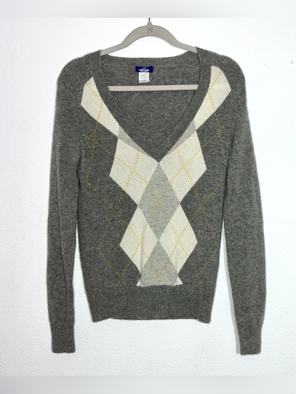 J.Crew Sontuosa 100% Cashmere Argyle V-Neck Sweater - Grey Cream Italian Yarn Sm